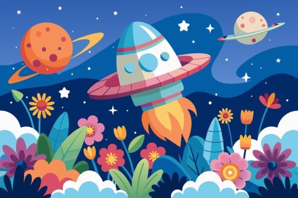 Download Spaceship Sky Cartoon with Flowers on a - Space Collection