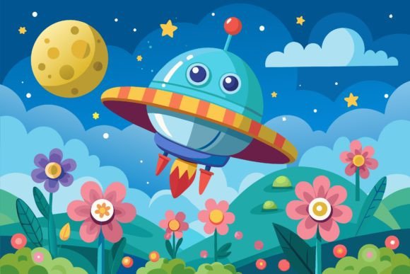Download Spaceship Sky Cartoon with Flowers on a - Space Collection