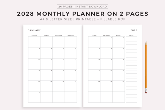 Download 2028 Monthly Planner on Two Pages - 2028 Collection