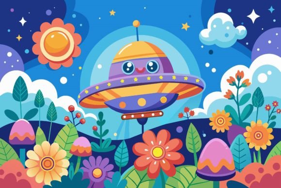 Download Spaceship Sky Cartoon with Flowers on a - Space Collection