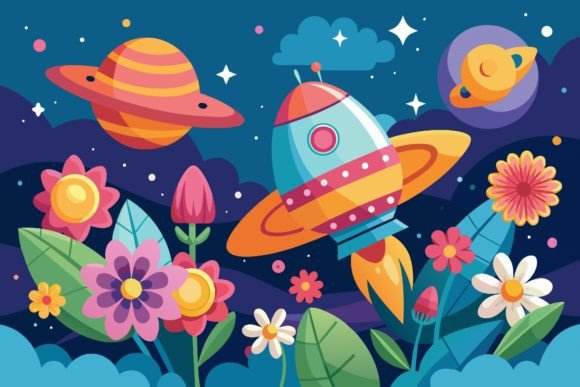 Download Spaceship Sky Cartoon with Flowers on a - Space Collection