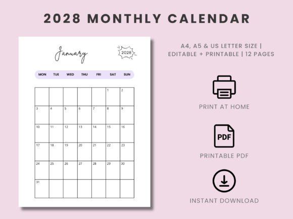 Download Printable Monthly Calendar 2028 Template - 2028 Collection